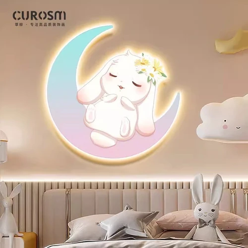 Tranh Đèn Led Tráng Gương Pha Lê Uv Con Thỏ Ngủ Trên Mặt Trăng