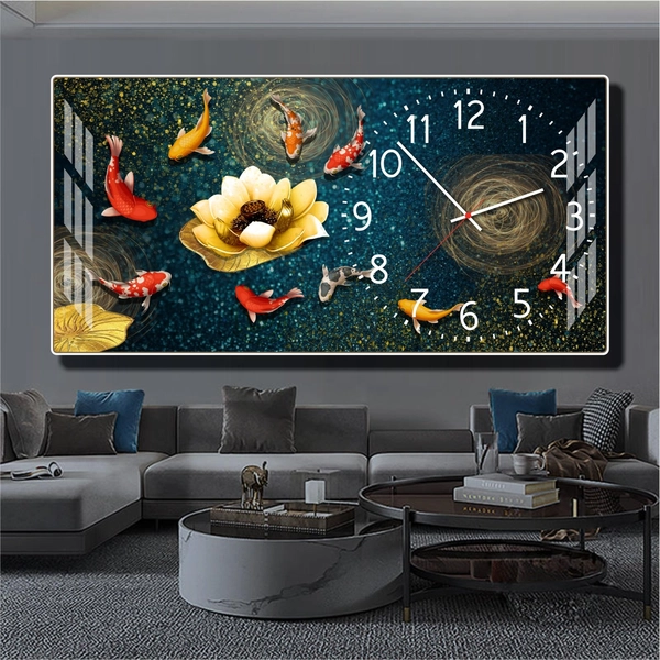 Tranh đồng hồ treo tường phòng khách phong thủy cửu ngư quần hội