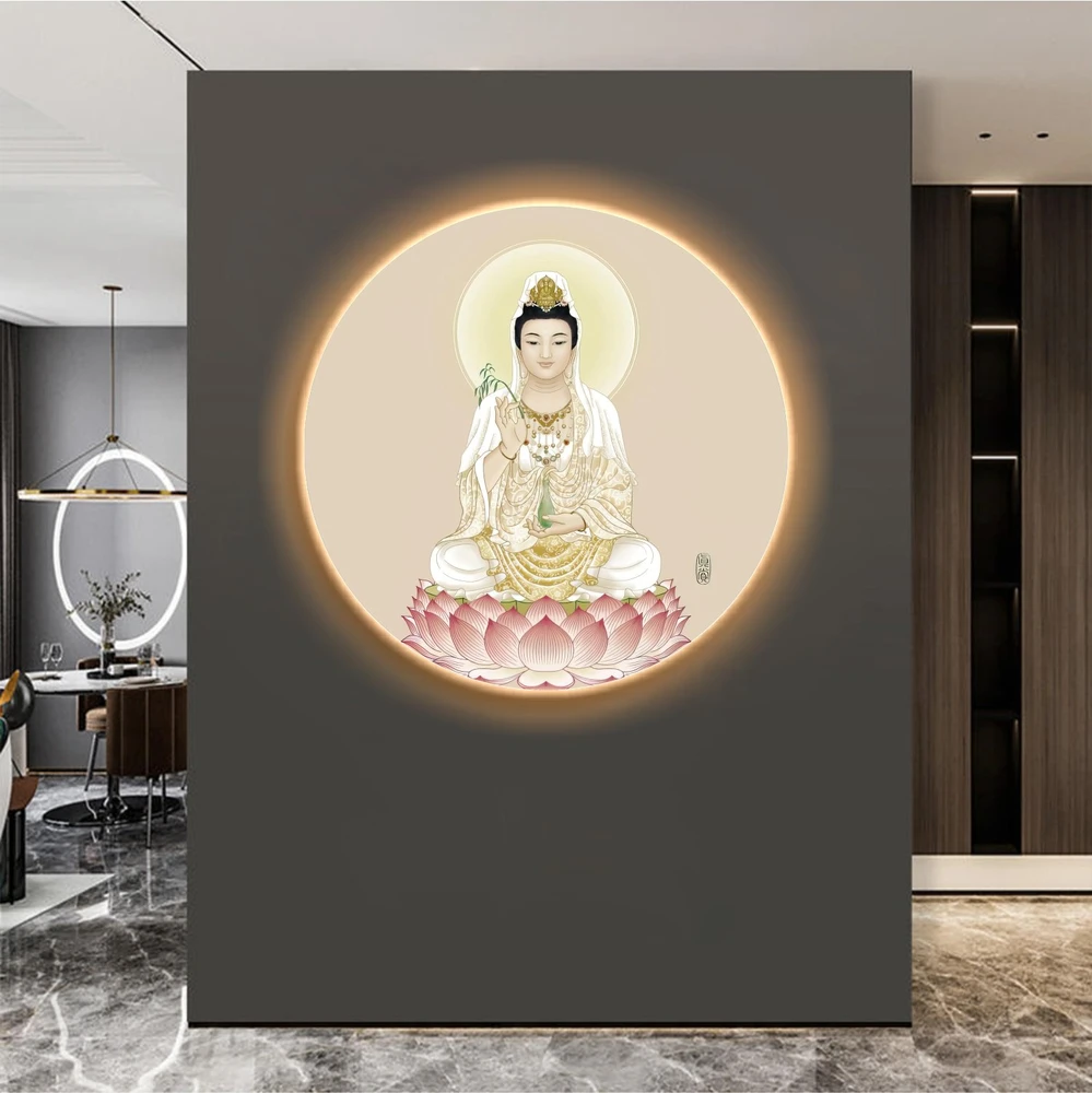 Tranh treo tường tráng gương có đèn decor hiện đại mẫu quan âm bồ tát