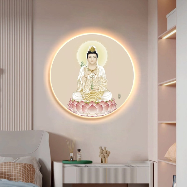 Tranh treo tường tráng gương có đèn decor hiện đại mẫu quan âm bồ tát