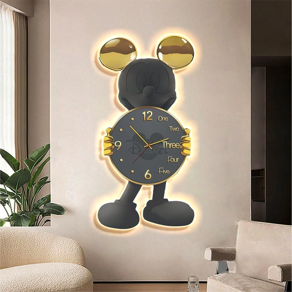 Tranh đồng hồ đèn led treo tường chuột micky xám hiện đại