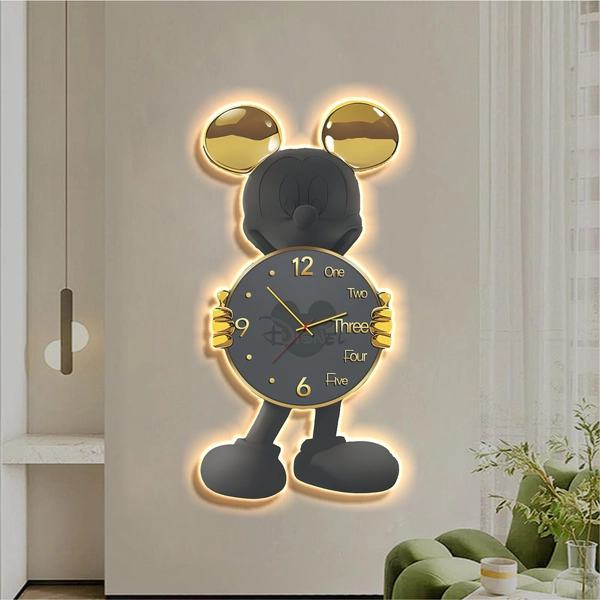 Tranh đồng hồ đèn led treo tường chuột micky xám hiện đại