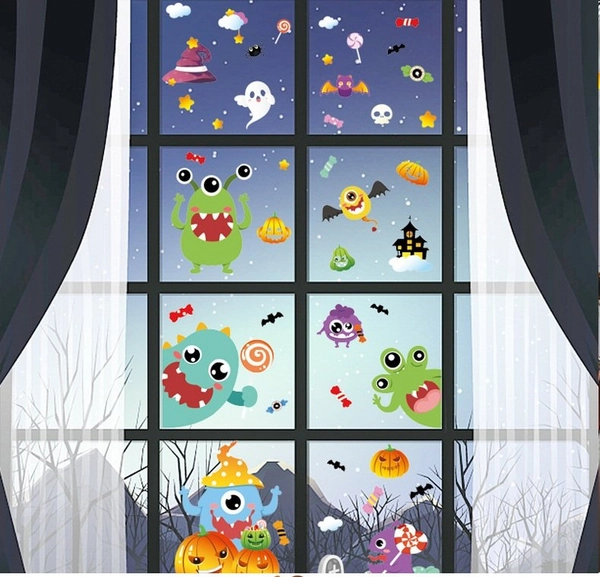 Combo Decal 2 Mặt Trang Trí Halloween Ngộ Nghĩnh Không Keo Chuyên Dán Kính