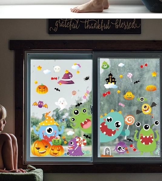 Combo Decal 2 Mặt Trang Trí Halloween Ngộ Nghĩnh Không Keo Chuyên Dán Kính