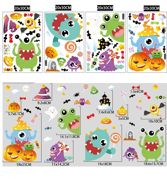 Combo Decal 2 Mặt Trang Trí Halloween Ngộ Nghĩnh Không Keo Chuyên Dán Kính