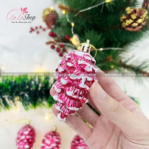 Set 6 quả thông đỏ treo phủ tuyết trang trí noel