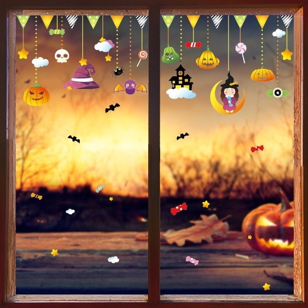 Combo 4 Tấm Decal 2 Mặt Trang Trí Halloween Không Keo Chuyên Dán Kính