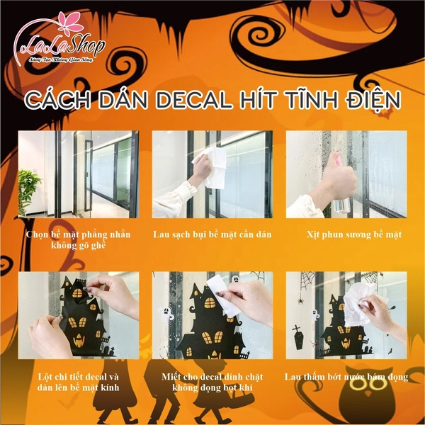 Combo 6 Tấm Decal 2 Mặt Trang Trí Halloween Phù Thủy Không Keo Chuyên Dán Kính