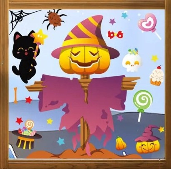 Decal 2 Mặt Halloween Bù Nhìn Kinh Dị Không Keo Chuyên Dán Kính size nhỏ 20x30cm