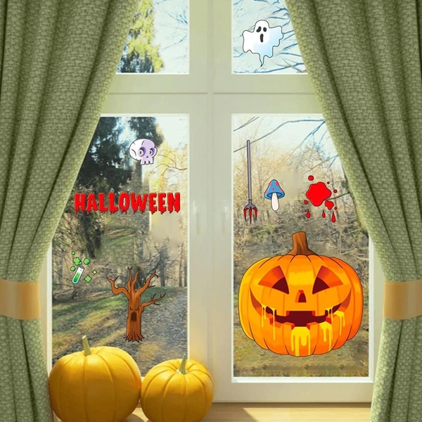 Decal 2 Mặt Trang Trí Halloween Quả Bí Ngô Không Keo Chuyên Dán Kính size nhỏ 20x30cm