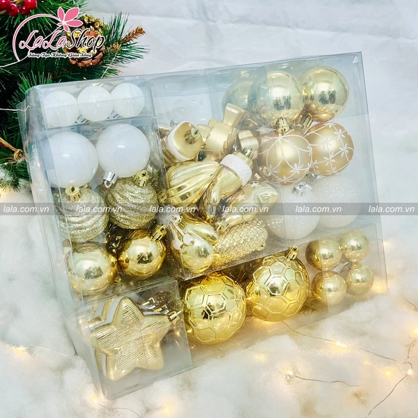 Hộp quả châu đủ loại màu vàng trắng trang trí Noel 251