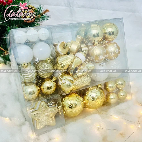 Hộp quả châu đủ loại màu vàng trắng trang trí Noel