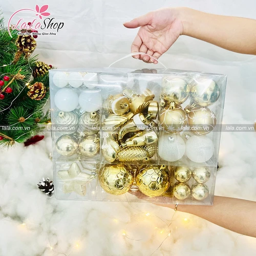 Hộp quả châu đủ loại màu vàng trắng trang trí Noel