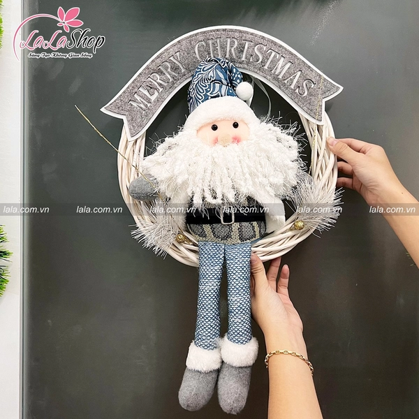 Vòng nguyệt quế ông già noel xanh treo cây thông tặng kèm đèn LED trang trí noel