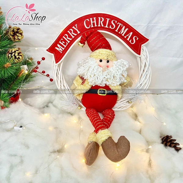 Vòng nguyệt quế ông già noel đỏ treo cây thông tặng kèm đèn LED trang trí noel