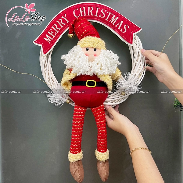 Vòng nguyệt quế ông già noel đỏ treo cây thông tặng kèm đèn LED trang trí noel
