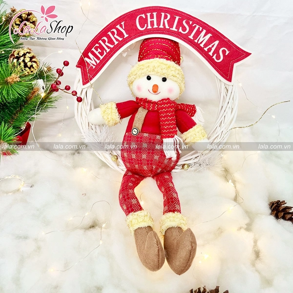 Vòng nguyệt quế người tuyết đỏ treo cây thông tặng kèm đèn LED trang trí noel