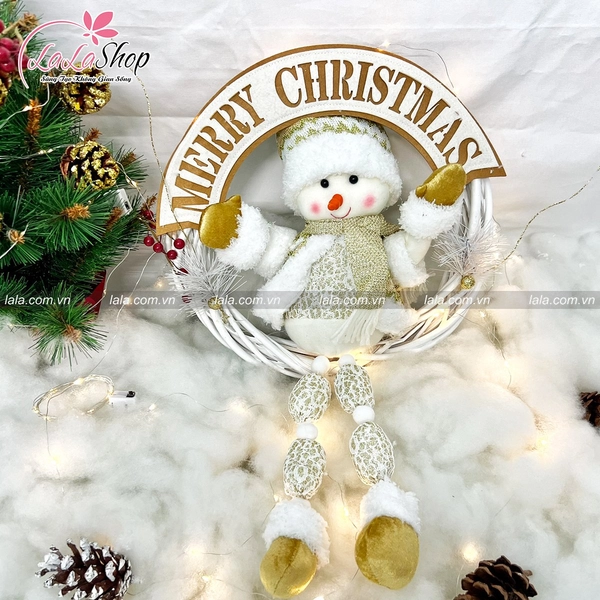 Vòng nguyệt quế người tuyết trang trí noel 185 tặng kèm đèn LED