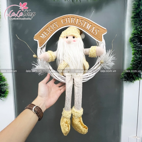 Vòng nguyệt quế ông già noel Merry Christmas tặng kèm đèn LED 187
