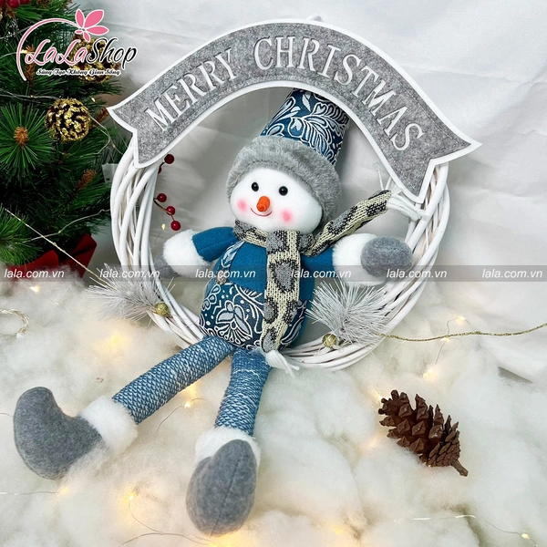 Vòng nguyệt quế người tuyết xanh trang trí noel tặng kèm đèn LED