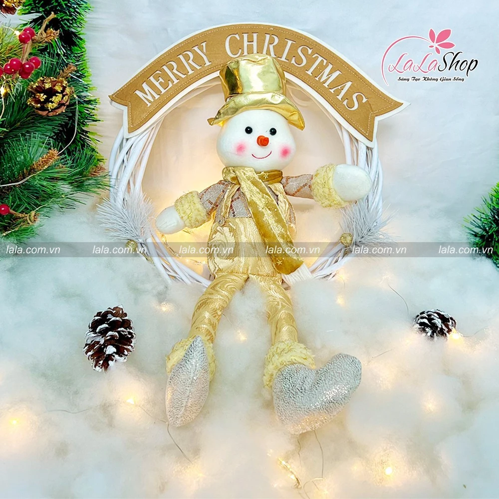 Vòng nguyệt quế người tuyết nón vàng trang trí noel 189