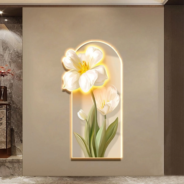 Tranh Đèn Led Tráng Gương Hoa Trắng Lá Xanh Nghệ Thuật