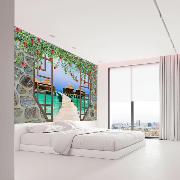 Tranh dán tường cửa số khu nghỉ dưỡng trên biển