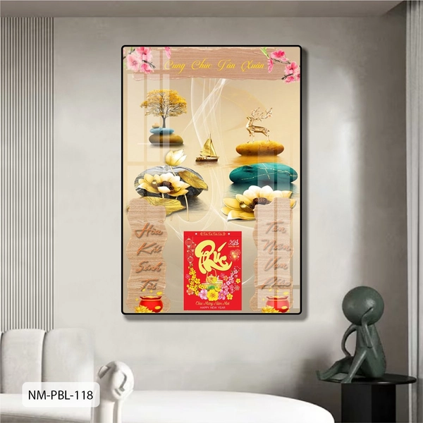 Lịch Tết Tranh Tráng Gương Treo Tường Hoa Sen và Hươu Vàng