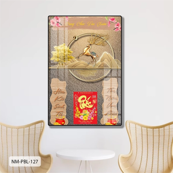 Lịch Tết Tranh Tráng Gương Treo Tường Cây Vàng Và Hươu Hoa Tài Lộc