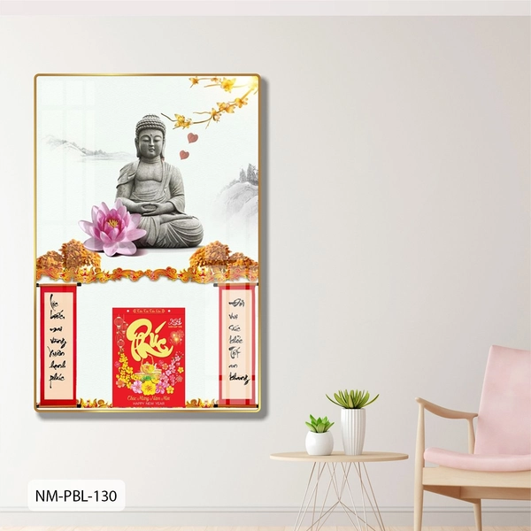Lịch Tết Tranh Tráng Gương Treo Tường Tượng Phật Và Sen Hồng Nở Rộ