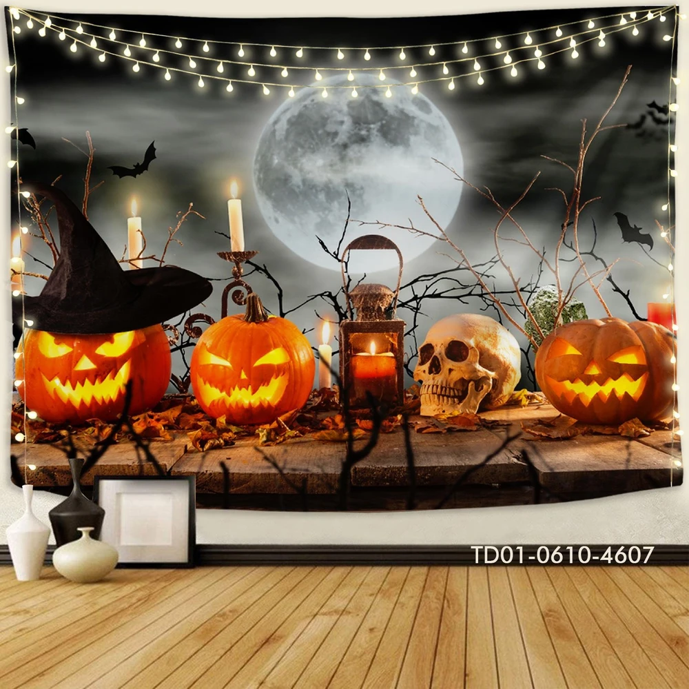Tranh Vải Halloween Treo Tường Ánh Trăng Và Bí Ngô Ma Quái