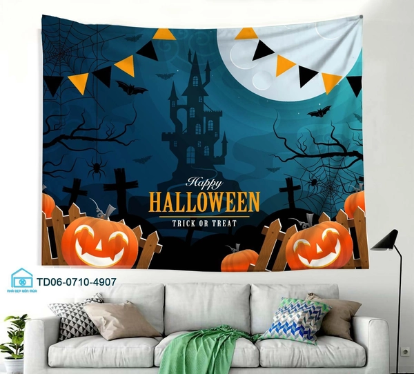 Tranh Vải Halloween Treo Tường Bí Ngô Và Ngôi Nhà Ma