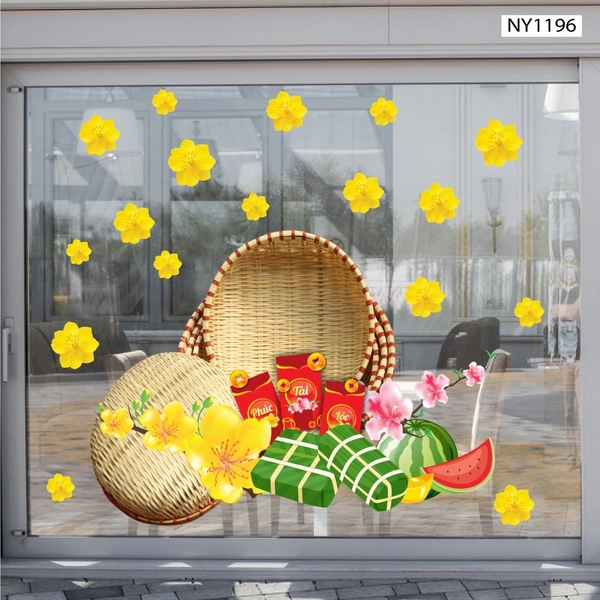 Decal Trang Trí Tết Bánh Chưng Xanh Bên Dưa Hấu Đỏ Mẫu 6