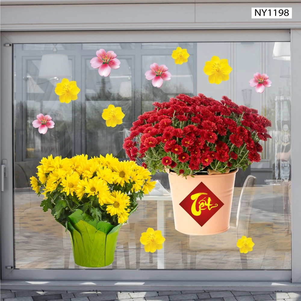 Decal Trang Trí Tết Giáp Thìn Chậu Hoa Cúc