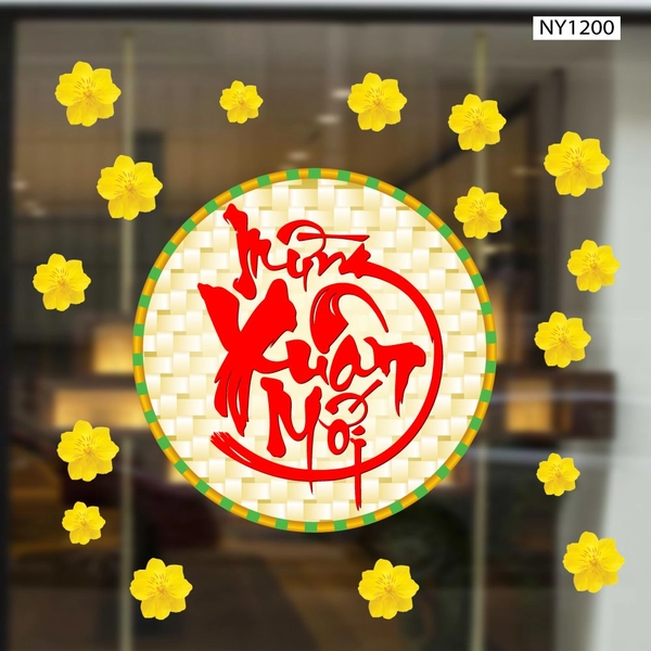 Decal trang trí tết mừng xuân mới và hoa mai vàng mẫu 2