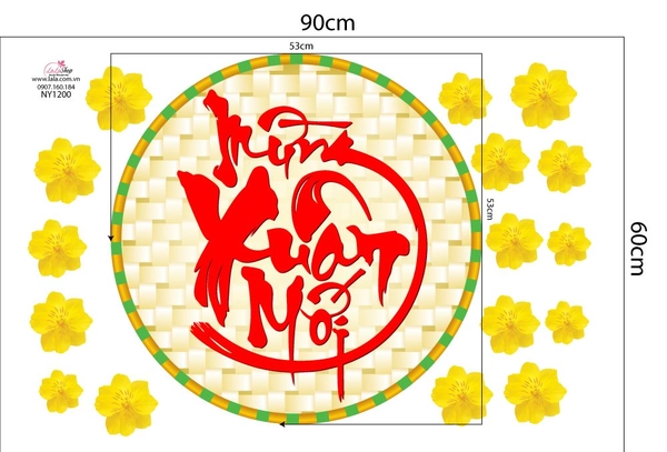 Decal trang trí tết mừng xuân mới và hoa mai vàng mẫu 2