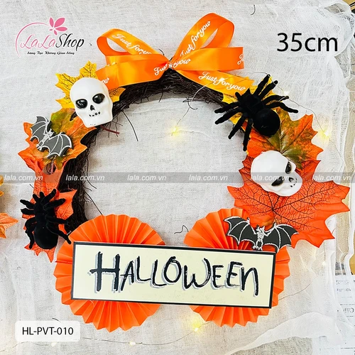 Vòng Treo Cửa Lá Phong Trang Trí Halloween Đầu Lâu Kinh Dị 35cm Kèm Đèn Led