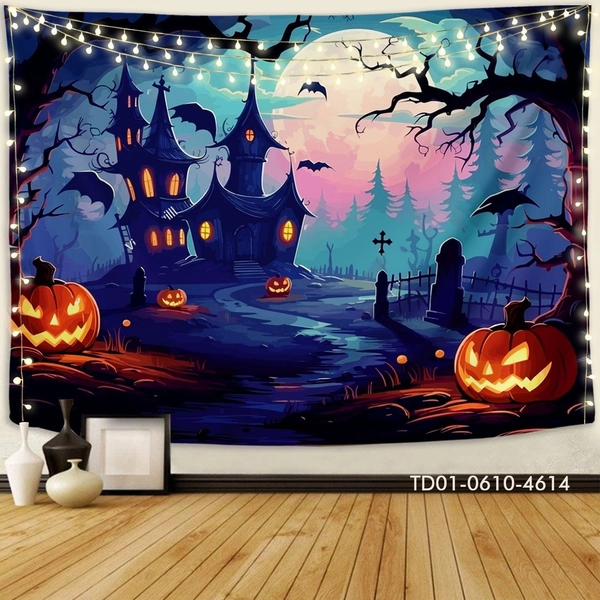 Tranh Vải Halloween Treo Tường Bí Ngô Và Ngôi Nhà Ma