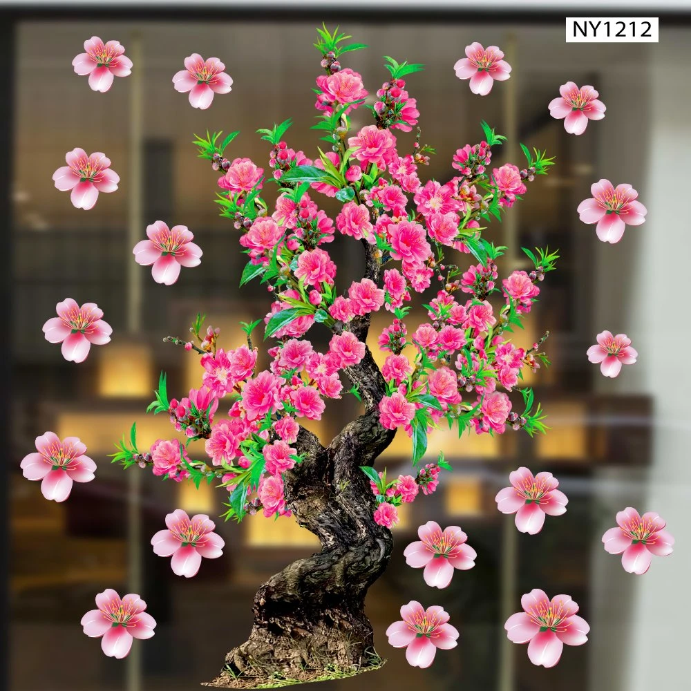 Decal Trang Trí Tết Cây Đào Hồng Khoe Sắc Đón Xuân