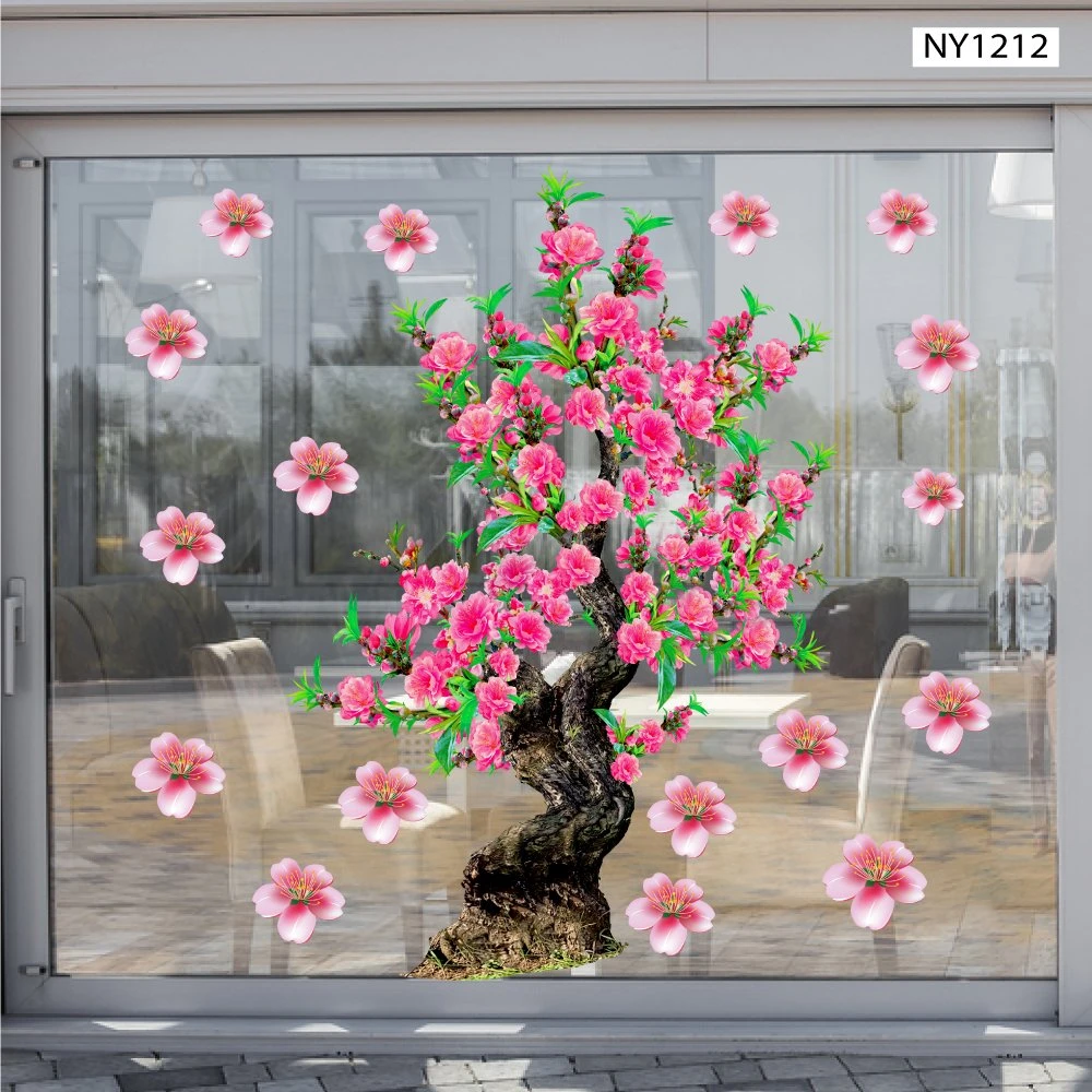 Decal Trang Trí Tết Cây Đào Hồng Khoe Sắc Đón Xuân