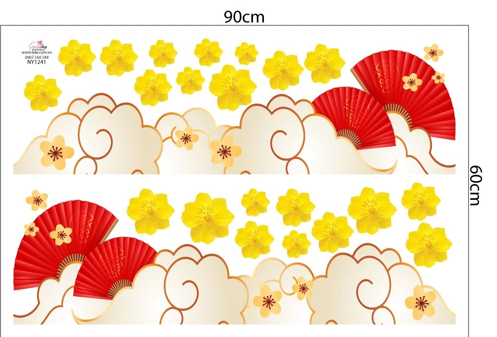 Decal Trang Trí Tết Mây Và Quạt Đỏ