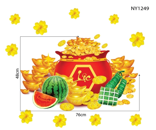Decal Trang Trí Tết Dưa Hấu Đỏ Bánh Chưng Xanh Tiền Vàng Sung Túc