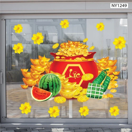 Decal Trang Trí Tết Dưa Hấu Đỏ Bánh Chưng Xanh Tiền Vàng Sung Túc