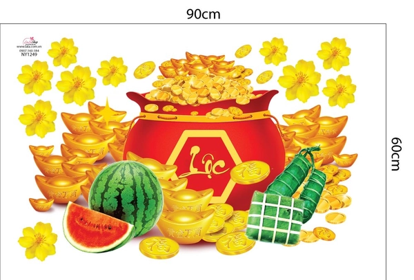 Decal Trang Trí Tết Dưa Hấu Đỏ Bánh Chưng Xanh Tiền Vàng Sung Túc