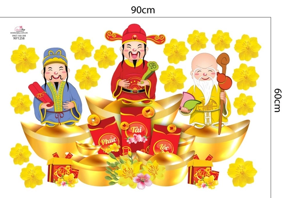 Decal Trang Trí Tết Phúc Lộc Thọ Và Thỏi Vàng