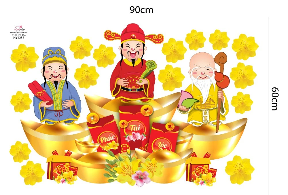 Decal Trang Trí Tết Phúc Lộc Thọ Và Thỏi Vàng
