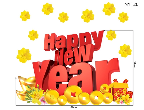 Decal Trang Trí Tết Happy New Year Và Tiền Vàng