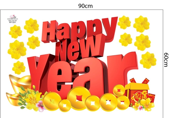 Decal Trang Trí Tết Happy New Year Và Tiền Vàng