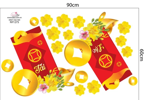 Combo Decal Trang Trí Cửa Kính Ngày Tết Ngựa Thần Tài và Túi Tiền May Mắn