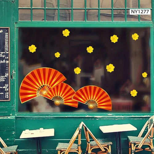 Decal Trang Trí Tết Quạt Như Ý Đỏ Mẫu 2